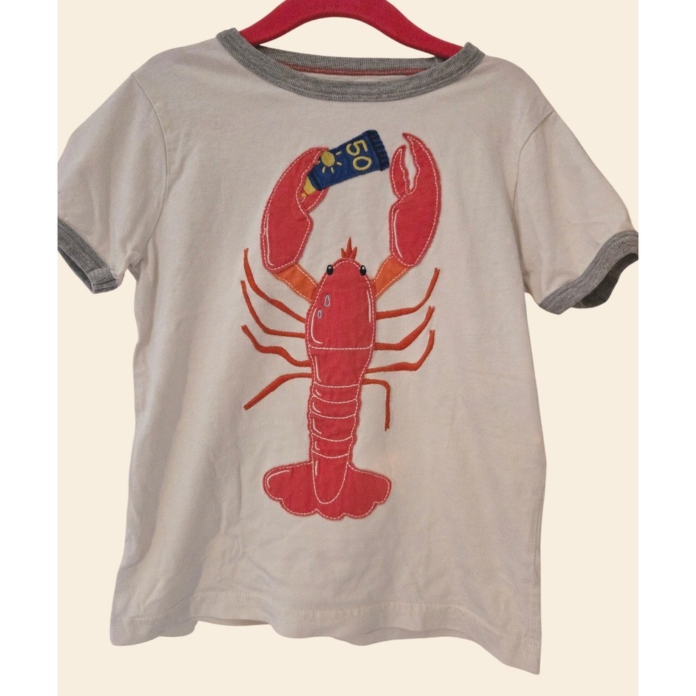Mini Boden Boys White Lobster Sunscreen Applique Ringer Tee Shirt Size 4-5Y